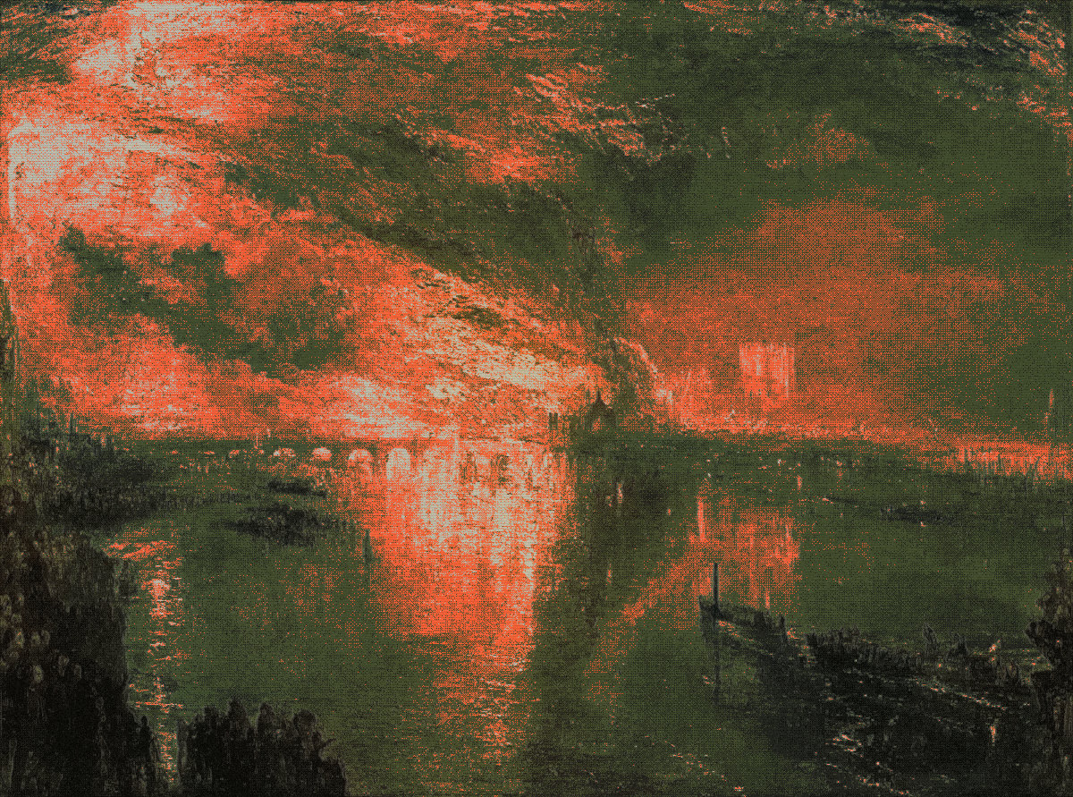 Turner's painting of the 1834 fire at the Palace of Westminster in Milo's Nous treatment: carbon river, moss crowd, the fire held as the only vermilion.
