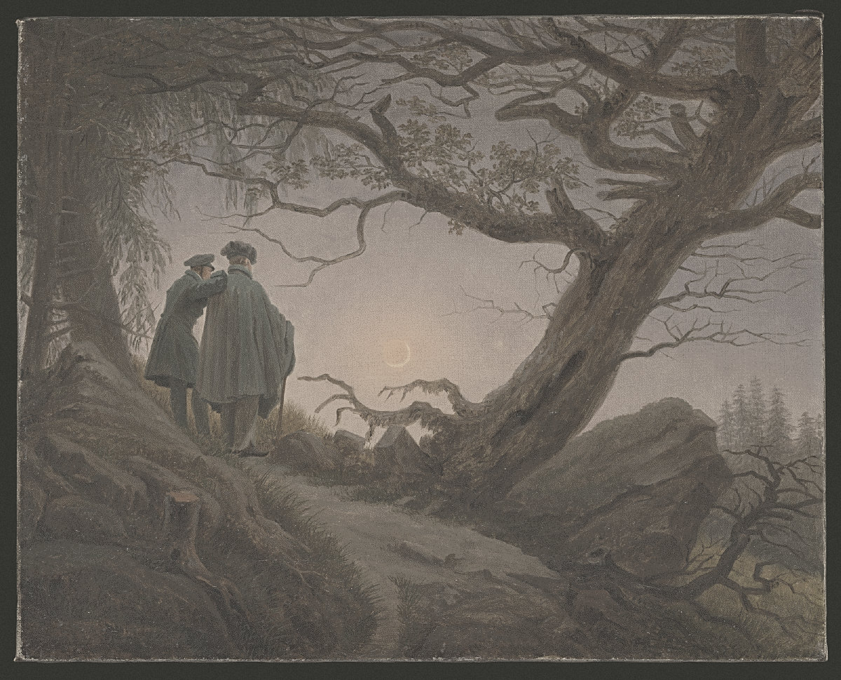 Two figures on a path looking at the moon through bare trees, in the Milo Archive treatment