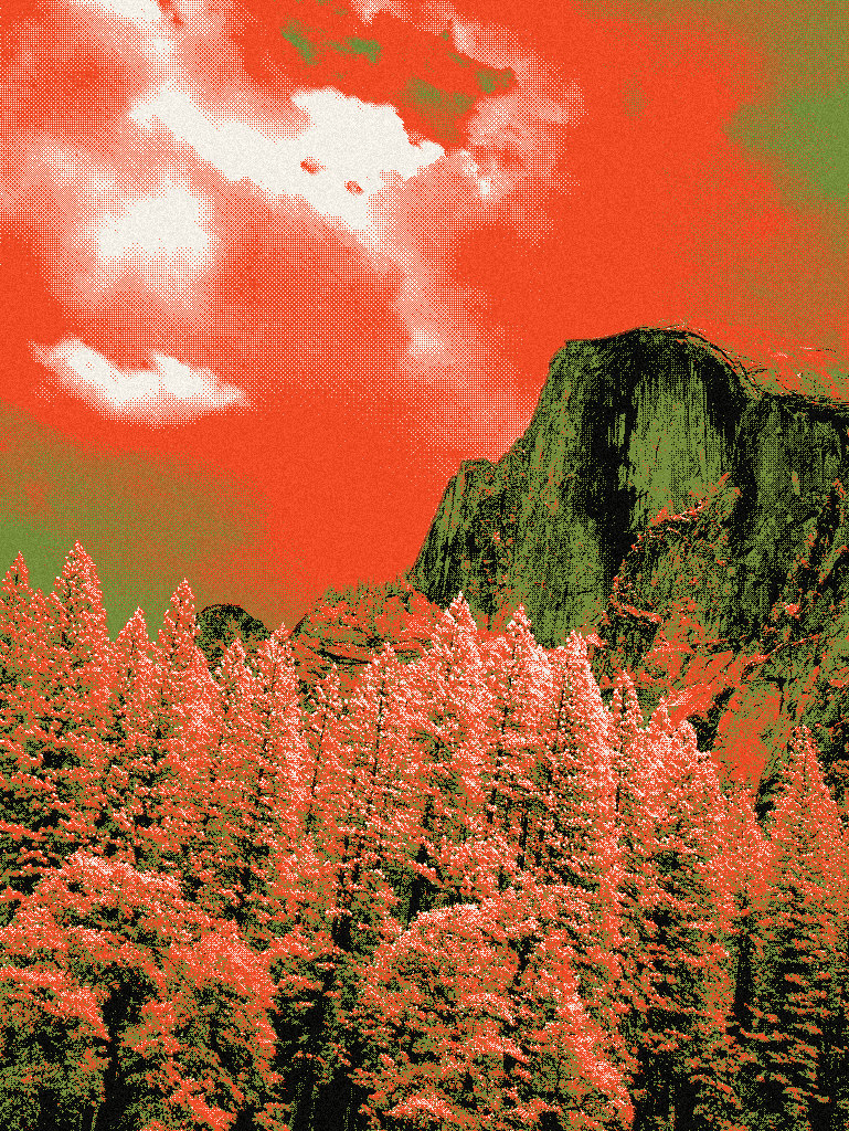 Half Dome in the National Park recipe: vermilion sky, moss granite, cream cloud